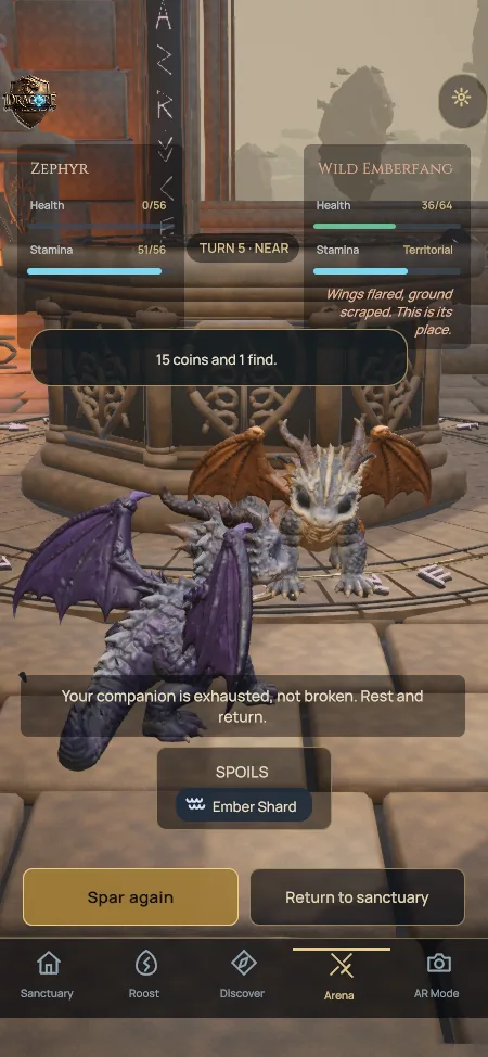 Arena result showing spoils earned: coins and an Ember Shard, with Spar again and Return to sanctuary