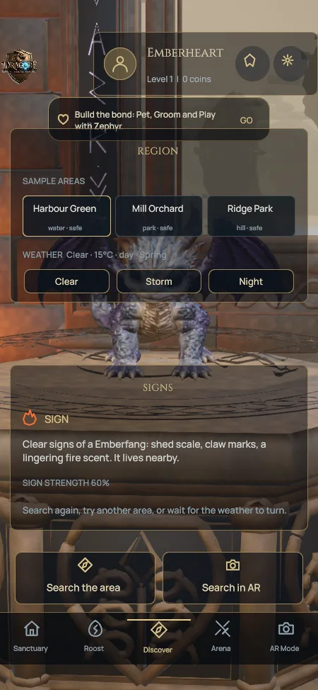 Discover screen showing a sign of a nearby Briarhorn and the options Search the area and Search in AR