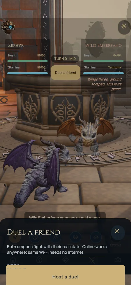 Duel a friend sheet in the Arena with a Host a duel button