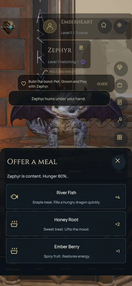 Offer a meal menu listing River Fish, Honey Root and Ember Berry