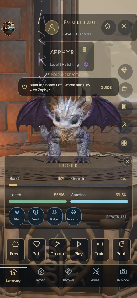 A violet Duskwing hatchling named Zephyr in the sanctuary, with Feed, Pet, Groom, Play, Train and Rest actions