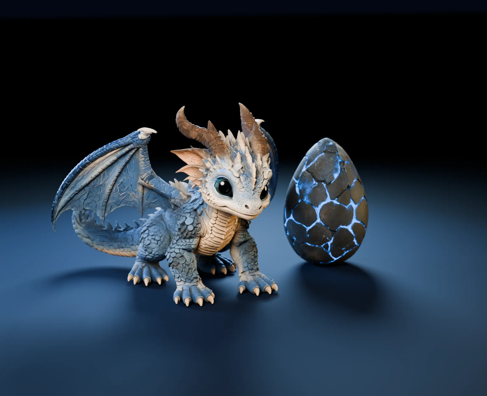 Zephyr, a Stormclaw hatchling with blue sculpted scales, cream belly, curled horns and big glossy eyes, stands on a dark studio floor beside a black storm egg veined with glowing blue cracks